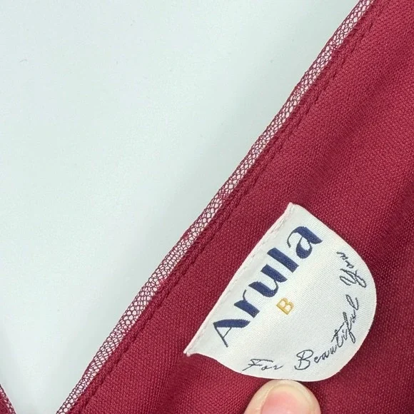 Arula Burgundy Swiss Dot Tulle Tiered Maxi Dress Size B Sleeveless Tie Shoulder - Picture 5 of 5